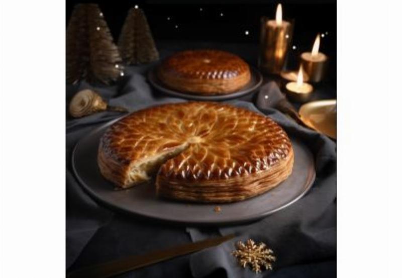 Galette des Rois dorée et croustillante, garnie de frangipane, avec une couronne et une fève cachée, symbole des festivités de janvier en France